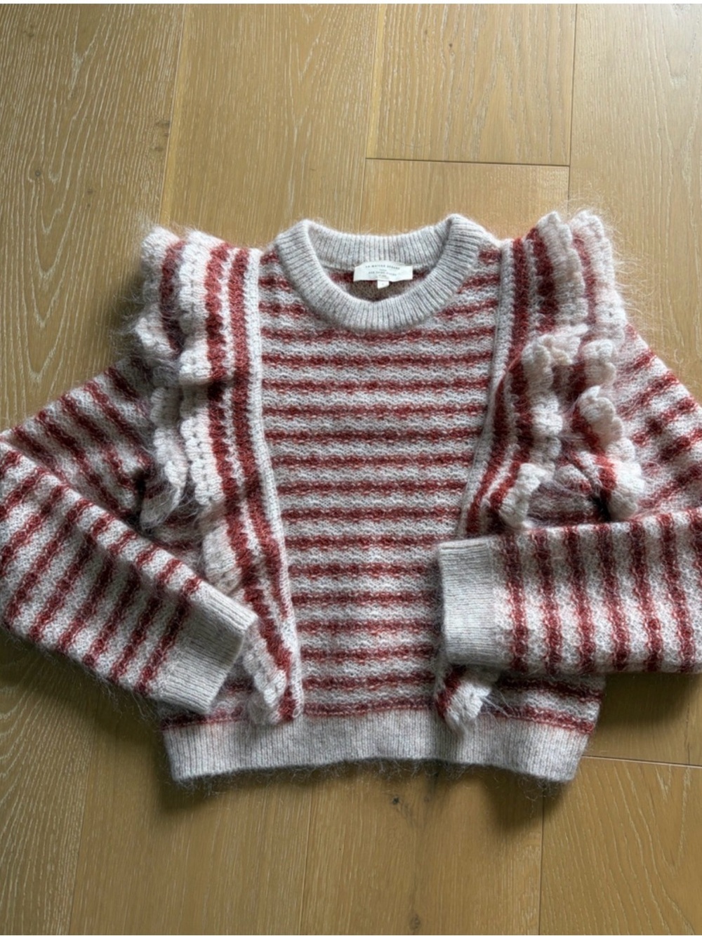Sezane Striped Ruffle Crew Sweater perfect holiday photo sweater small